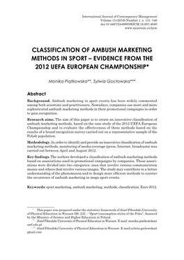 Classification of Ambush Marketing Methods in Sport – Evidence from the 2012 Uefa European Championship*