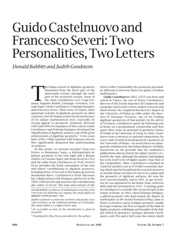 Guido Castelnuovo and Francesco Severi: Two Personalities, Two Letters Donald Babbitt and Judith Goodstein
