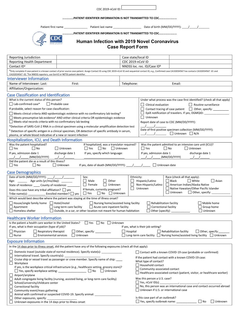 Human Infection with 2019 Novel Coronavirus Case Report Form