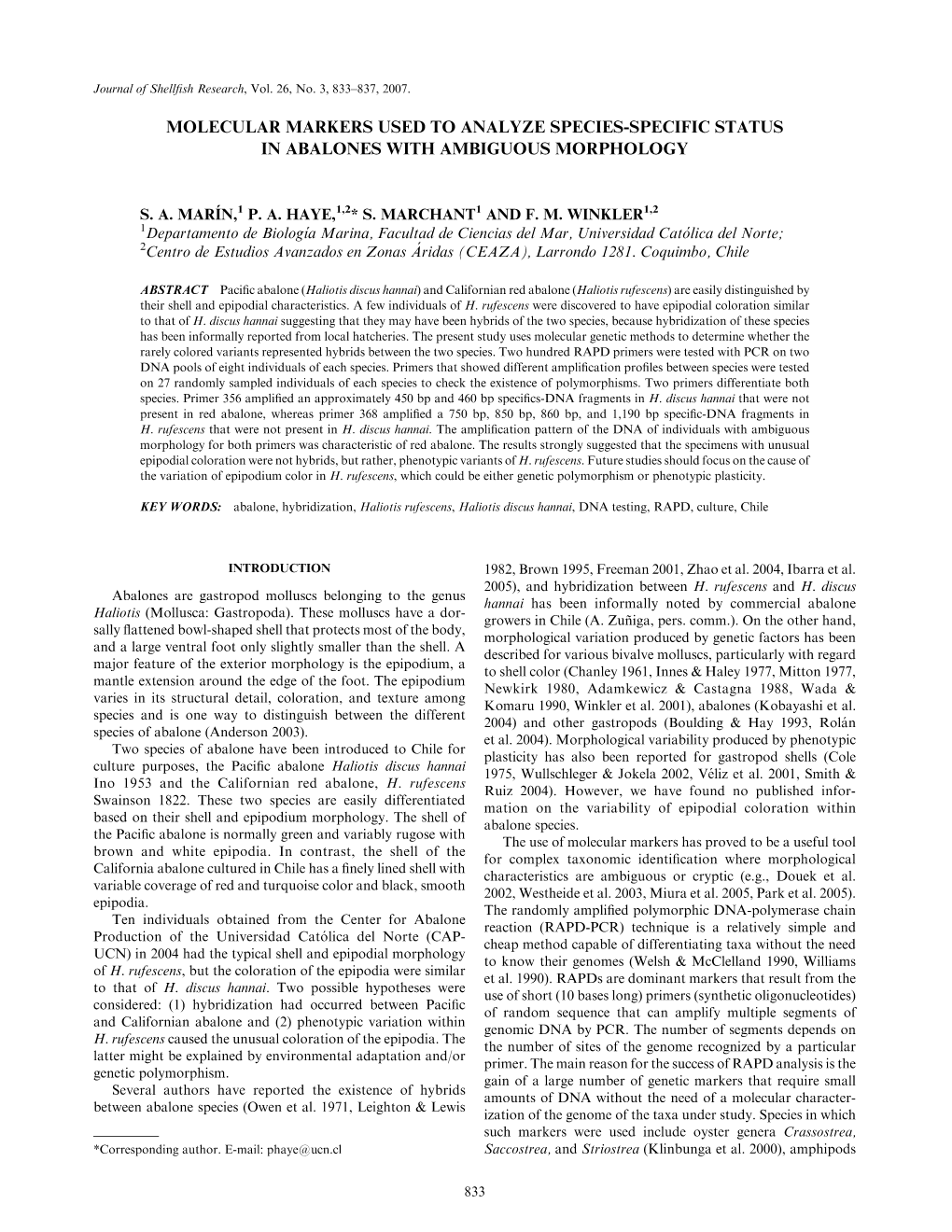 Molecular Markers Used to Analyze Species-Specific Status in Abalones with Ambiguous Morphology