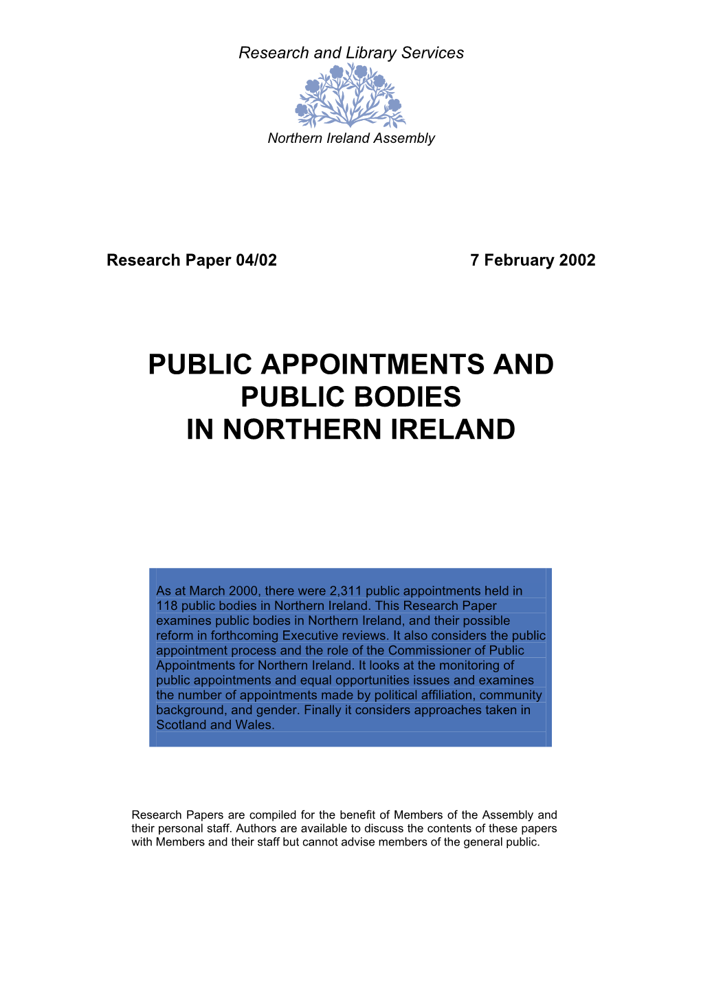 Public Appointments and Public Bodies in Northern Ireland