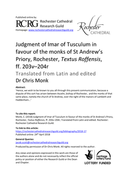 Judgment of Imar of Tusculum in Favour of the Monks of St Andrew's