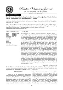 Growth, Serum Biochemical Indices, Antioxidant Status and Meat Quality of Broiler Chickens Fed Diet Supplemented with Sodium Stearoyl-2 Lactylate