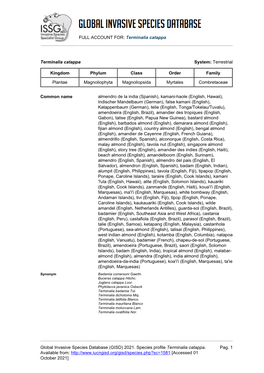 (GISD) 2021. Species Profile Terminalia Catappa. Available