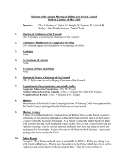 Minutes of the Annual Meeting of Holme Low Parish Council Held on Tuesday 18 May 2010