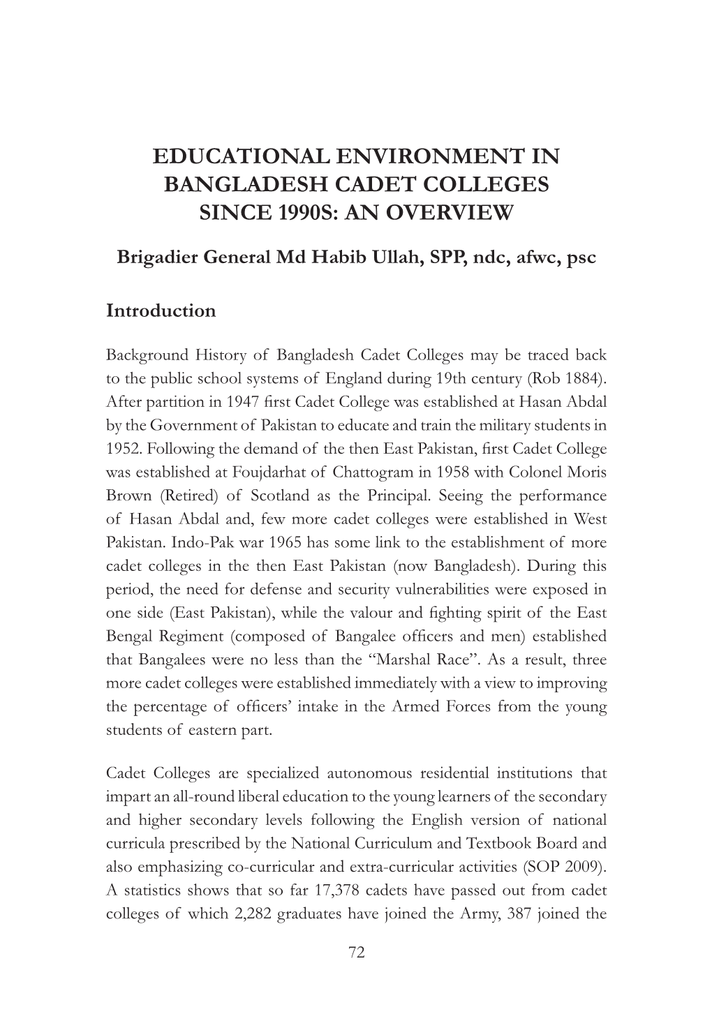 Educational Environment in Bangladesh Cadet Colleges Since 1990S: an Overview