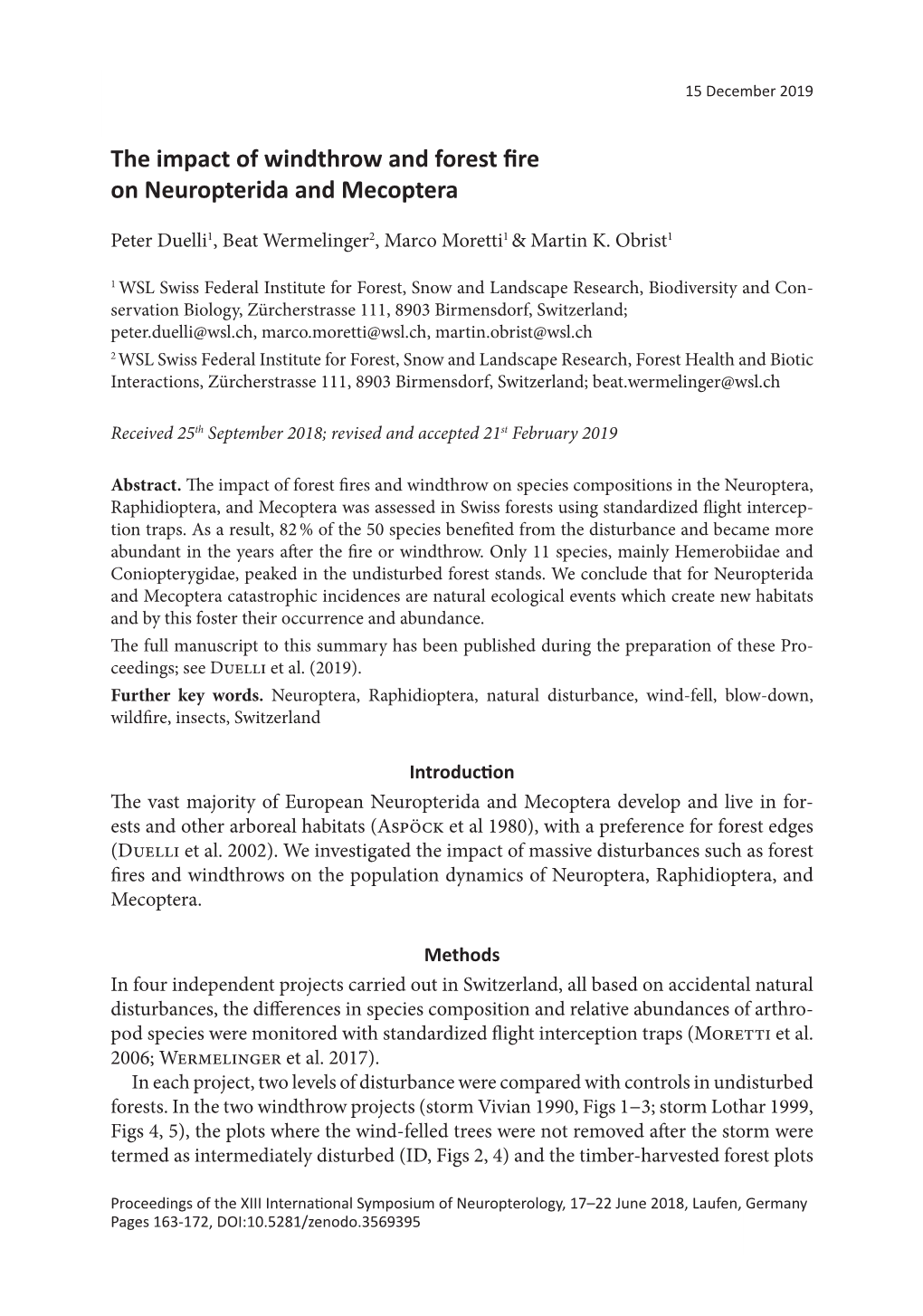 The Impact of Windthrow and Forest Fire on Neuropterida and Mecoptera