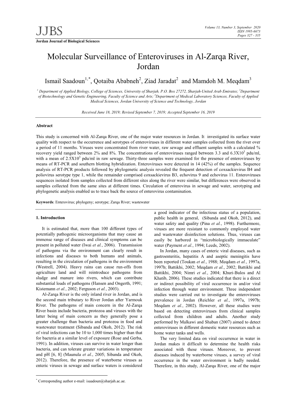 Molecular Surveillance of Enteroviruses in Al-Zarqa River, Jordan