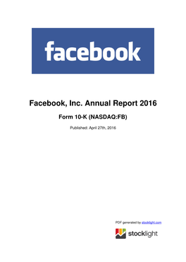 Facebook, Inc. Annual Report 2016