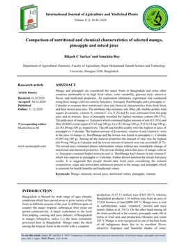Comparison of Nutritional and Chemical Characteristics of Selected Mango, Pineapple and Mixed Juice
