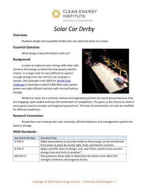 Solar Car Derby Overview: Students Design and Assemble Model Solar Cars and Race Them on a Track