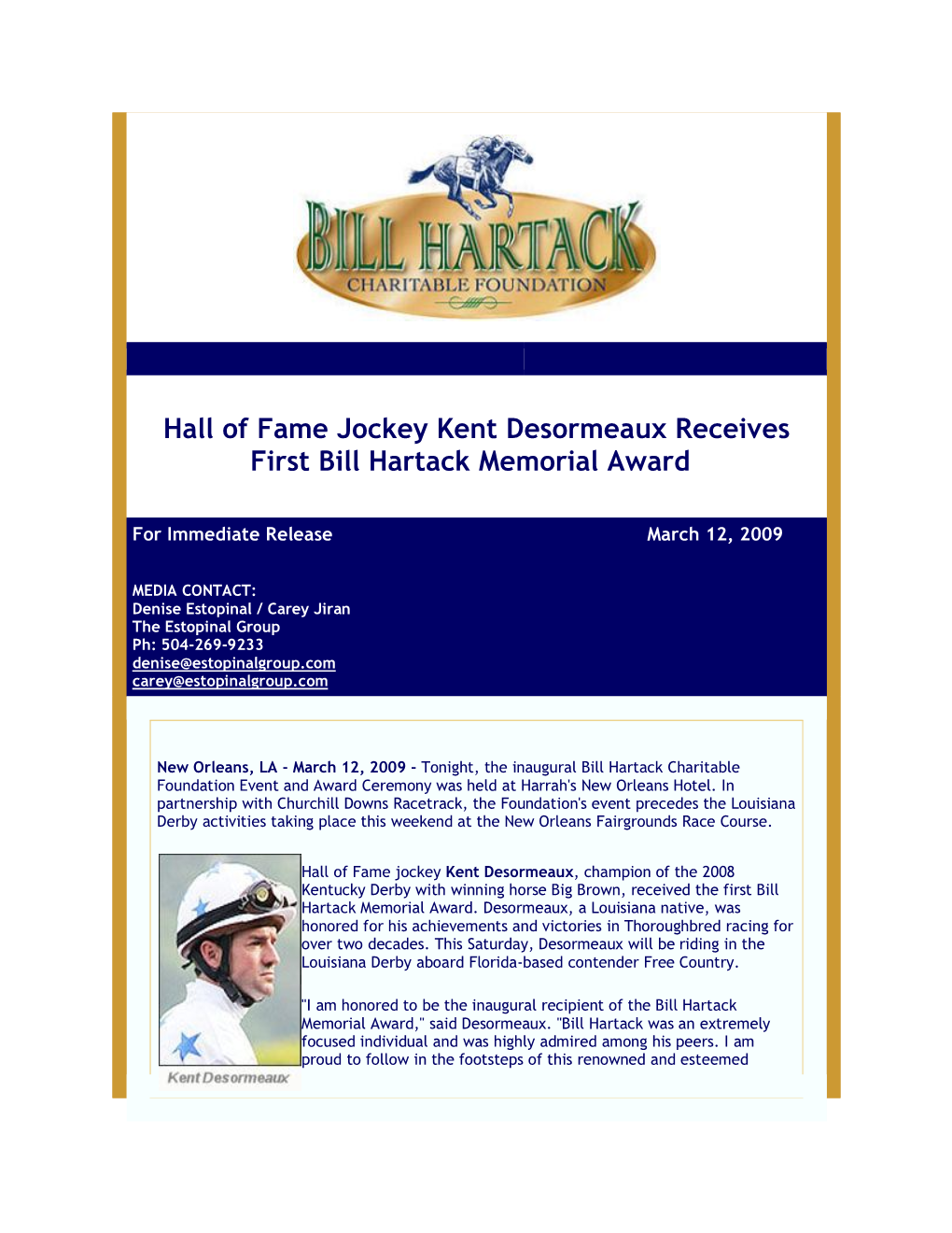 Hall of Fame Jockey Kent Desormeaux Receives First Bill Hartack Memorial Award