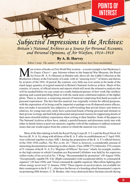 Subjective Impressions in the Archives: Britain’S National Archives As a Source for Personal Accounts, and Personal Opinions, of Air Warfare, 1914–1918 by A