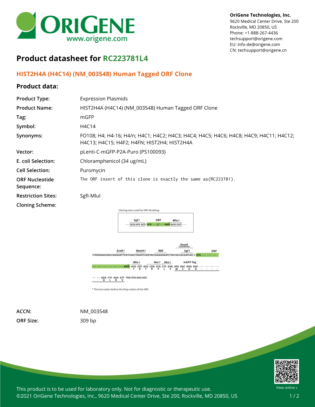 HIST2H4A (H4C14) (NM 003548) Human Tagged ORF Clone Product Data