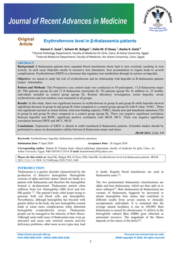 Original Article Erythroferrone Level in Β-Thalassemia Patients