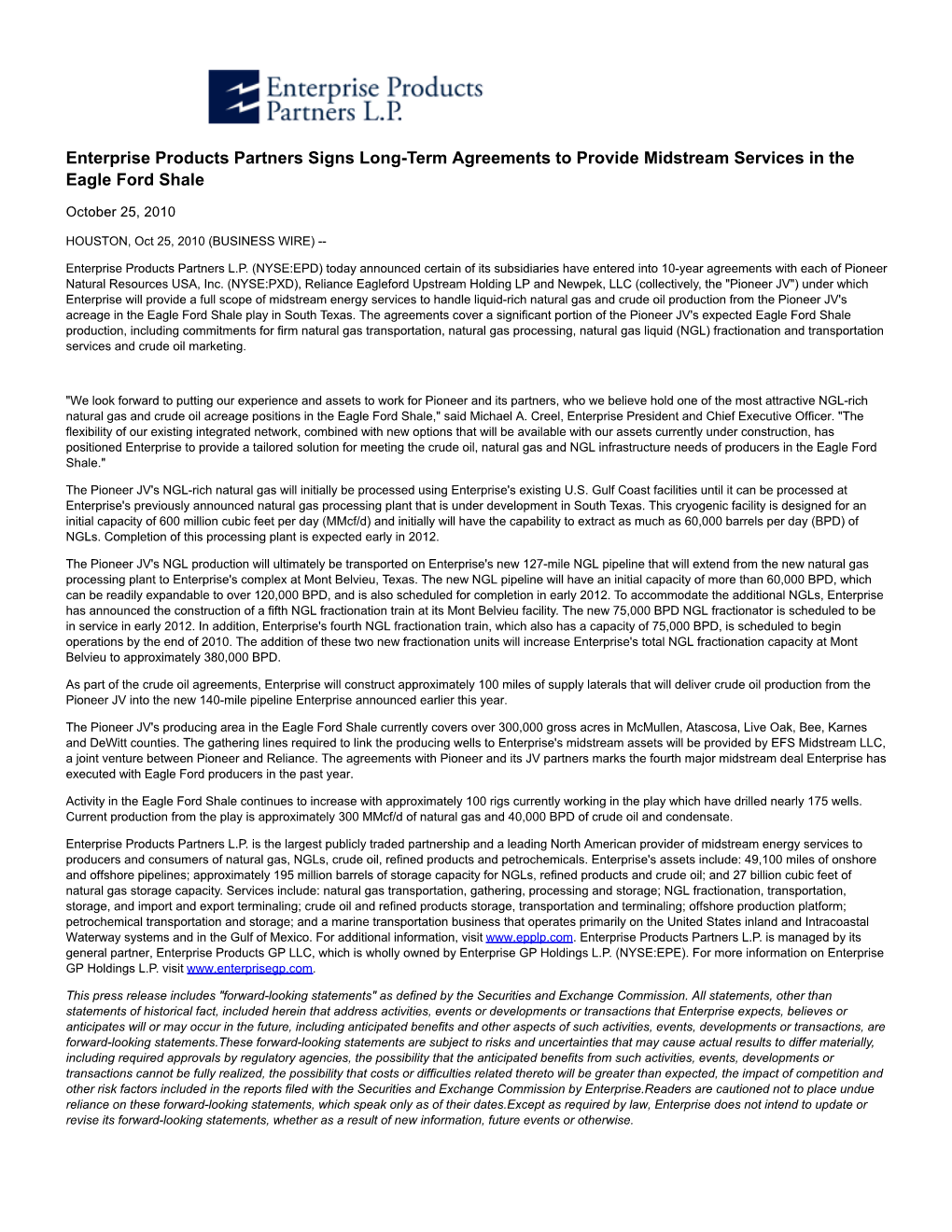 Enterprise Products Partners Signs Long-Term Agreements to Provide Midstream Services in the Eagle Ford Shale