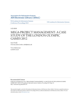 A CASE STUDY of the LONDON OLYMPIC GAMES 2012 Sean Dodd University of East London, S.Dodd@Uel.Ac.Uk