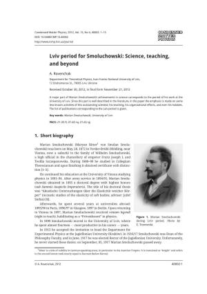 Lviv Period for Smoluchowski: Science, Teaching, and Beyond