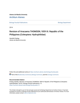 Revision of Anacaena THOMSON, 1859 XI. Republic of the Philippines (Coleoptera: Hydrophilidae)