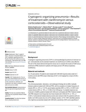 Cryptogenic Organizing Pneumonia—Results of Treatment with Clarithromycin Versus Corticosteroids—Observational Study