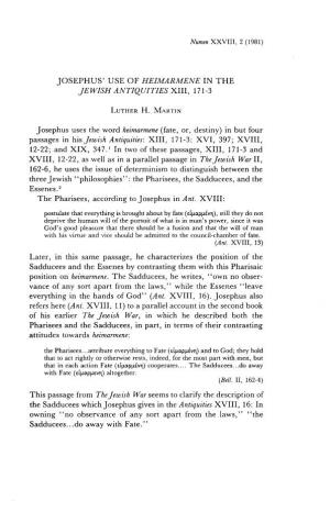Josephus' Use of Heimarmene in the Jewish Antiquities Xiii, 171-3