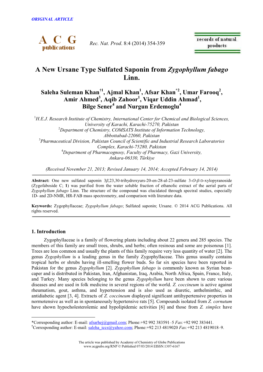 A New Ursane Type Sulfated Saponin from Zygophyllum Fabago Linn