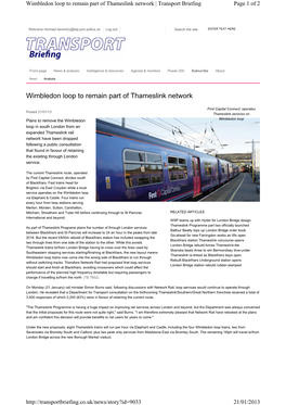 Wimbledon Loop to Remain Part of Thameslink Network | Transport Briefing Page 1 of 2