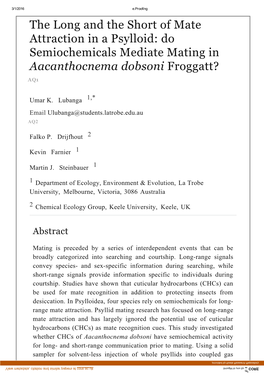 The Long and the Short of Mate Attraction in a Psylloid: Do Semiochemicals Mediate Mating in Aacanthocnema Dobsoni Froggatt? AQ1