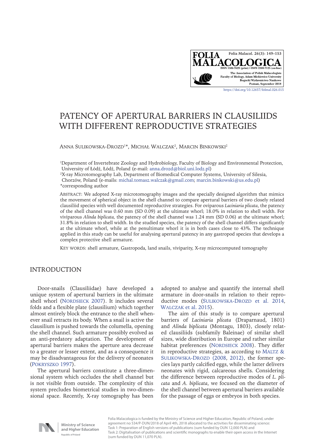 Patency of Apertural Barriers in Clausiliids with Different Reproductive Strategies