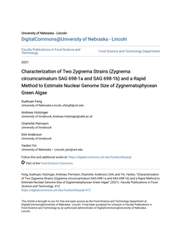 Zygnema Circumcarinatum SAG 698-1A and SAG 698-1B) and a Rapid Method to Estimate Nuclear Genome Size of Zygnematophycean Green Algae