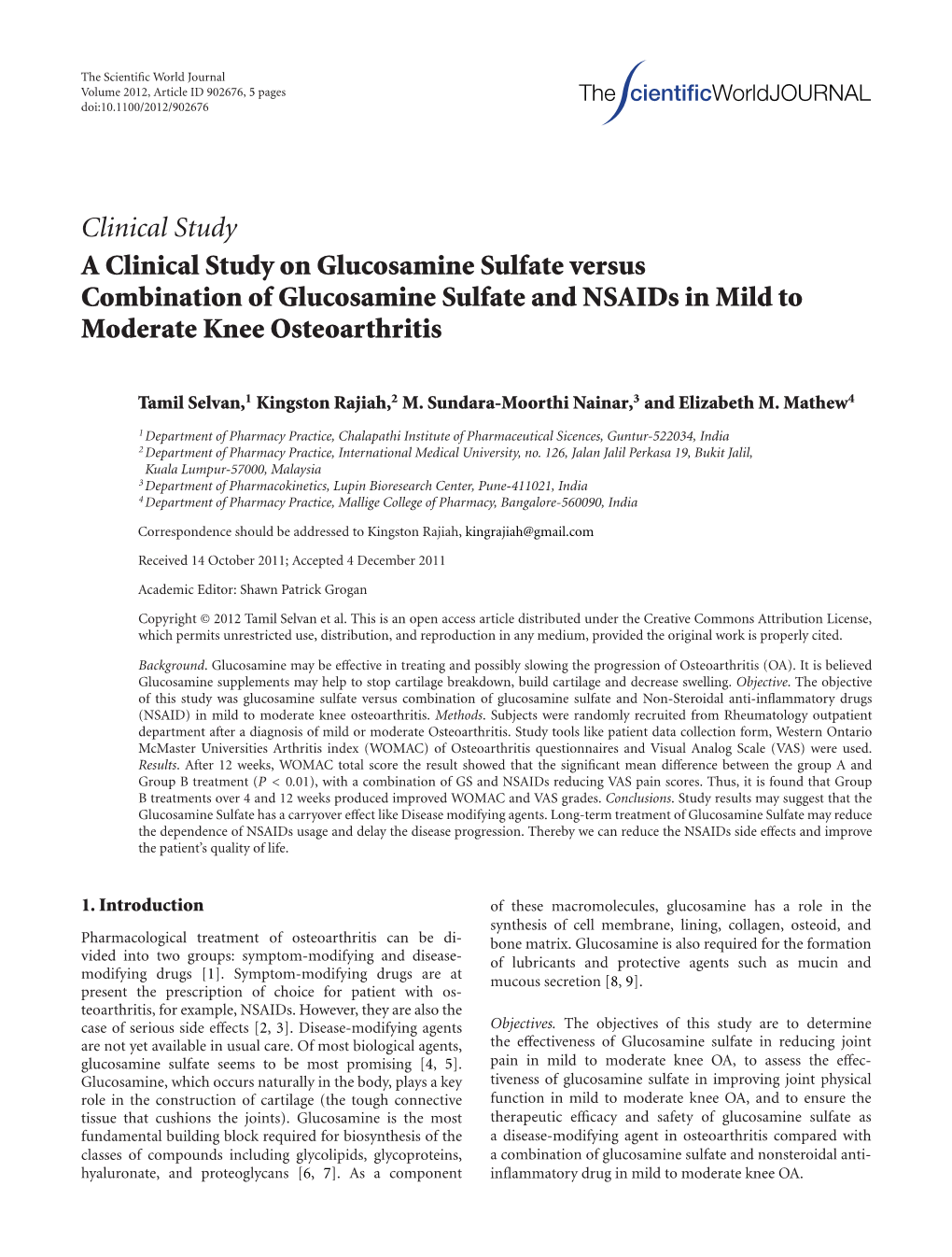 Clinical Study a Clinical Study on Glucosamine Sulfate Versus