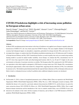 COVID-19 Lockdowns Highlight a Risk of Increasing Ozone Pollution in European Urban Areas Stuart K