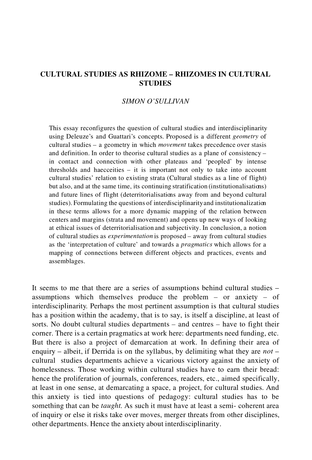 Cultural Studies As Rhizome – Rhizomes in Cultural Studies