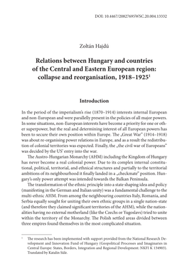Relations Between Hungary and Countries of the Central and Eastern European Region: Collapse and Reorganisation, 1918–19251