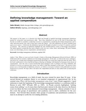 Defining Knowledge Management: Toward an Applied Compendium