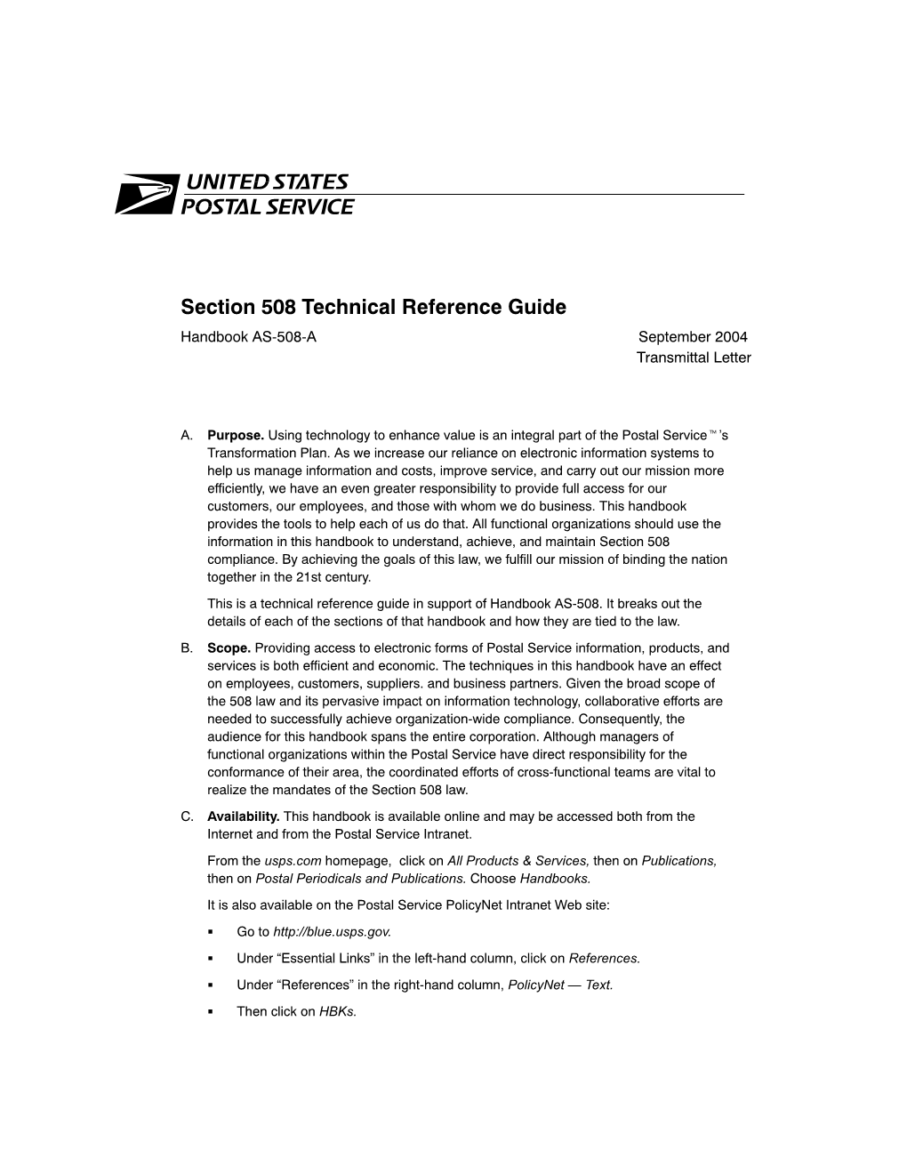 Handbook AS-508-A September 2004 Transmittal Letter