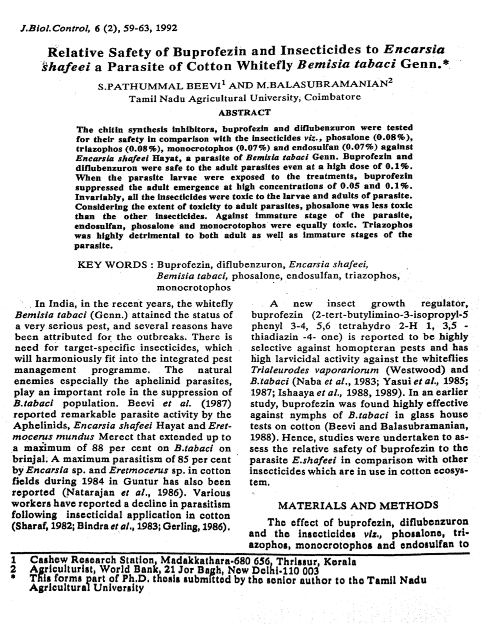 Relative Safety of Buprofezin and Insecticides to Encarsia Shafeei a Parasite of Cotton Whitefly B Em Is Ia Tabaci Genn