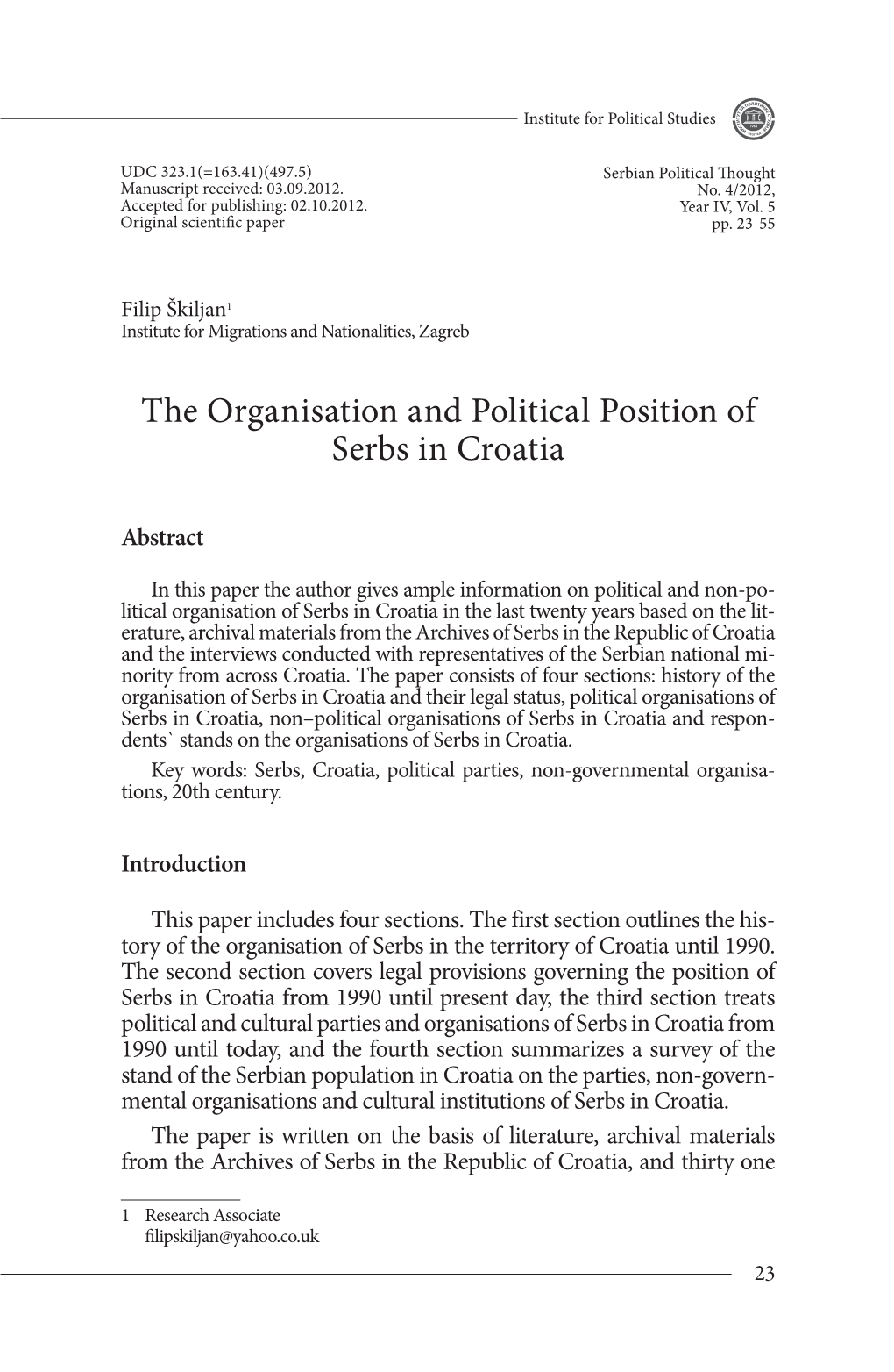 The Organisation and Political Position of Serbs in Croatia