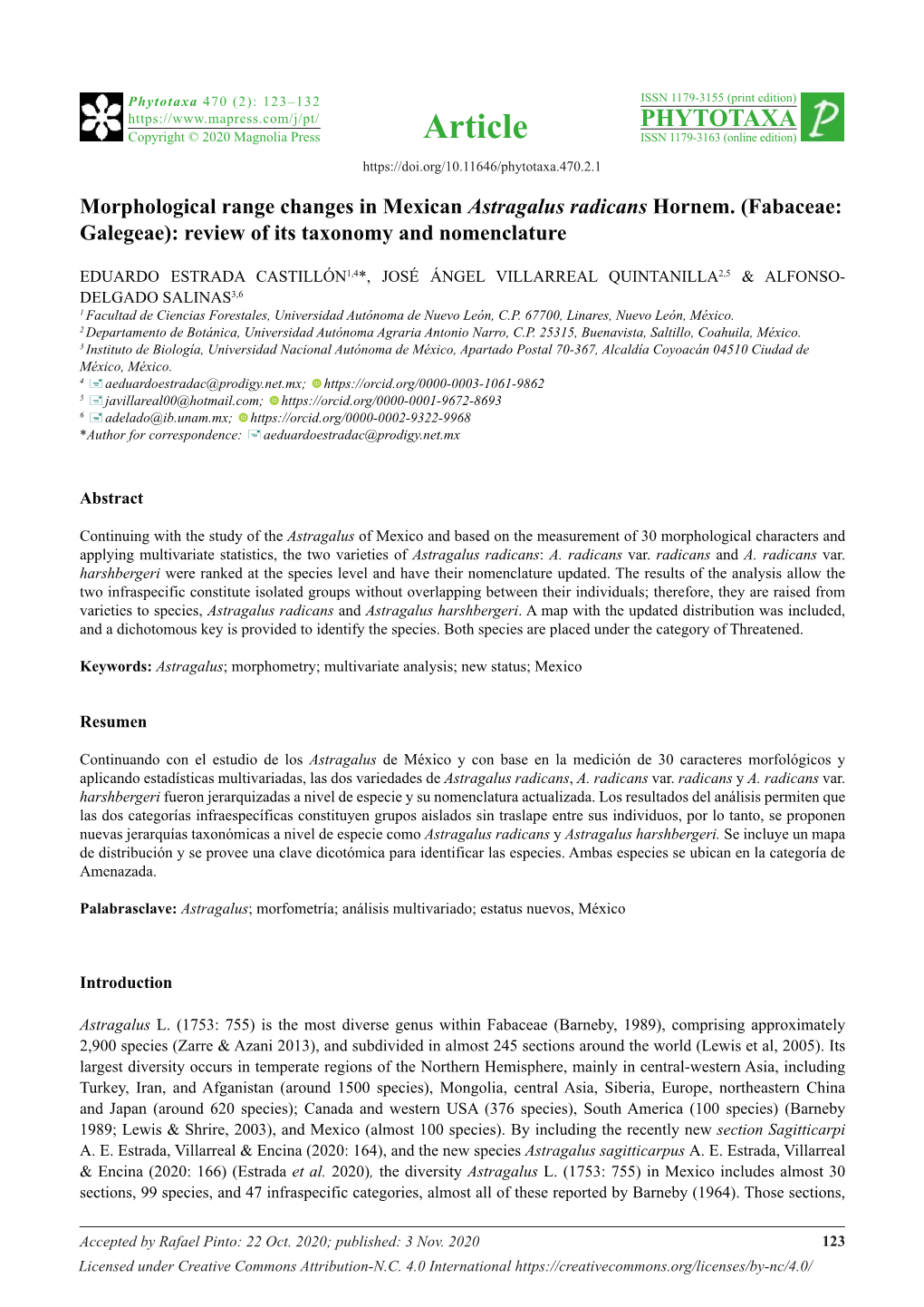 Morphological Range Changes in Mexican Astragalus Radicans Hornem