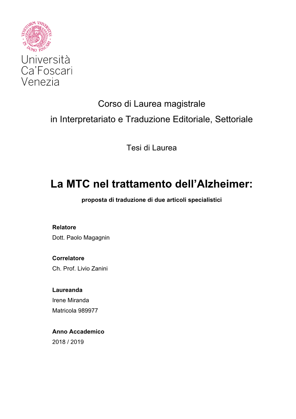 La MTC Nel Trattamento Dell'alzheimer