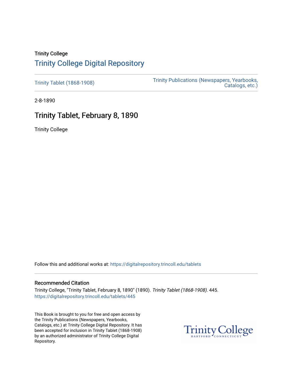 Trinity Tablet, February 8, 1890