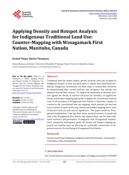 Applying Density and Hotspot Analysis for Indigenous Traditional Land Use: Counter-Mapping with Wasagamack First Nation, Manitoba, Canada