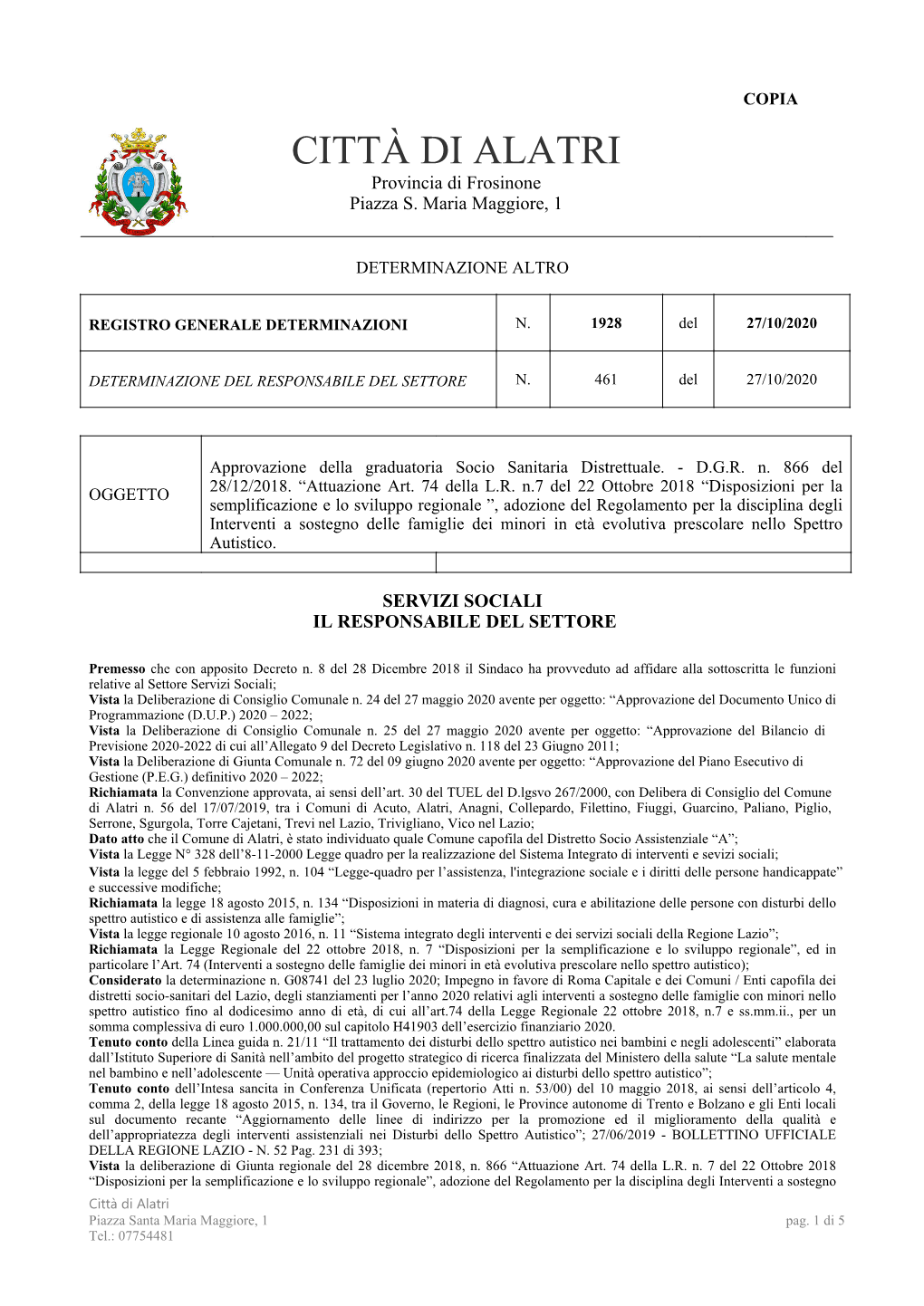 CITTÀ DI ALATRI Provincia Di Frosinone Piazza S