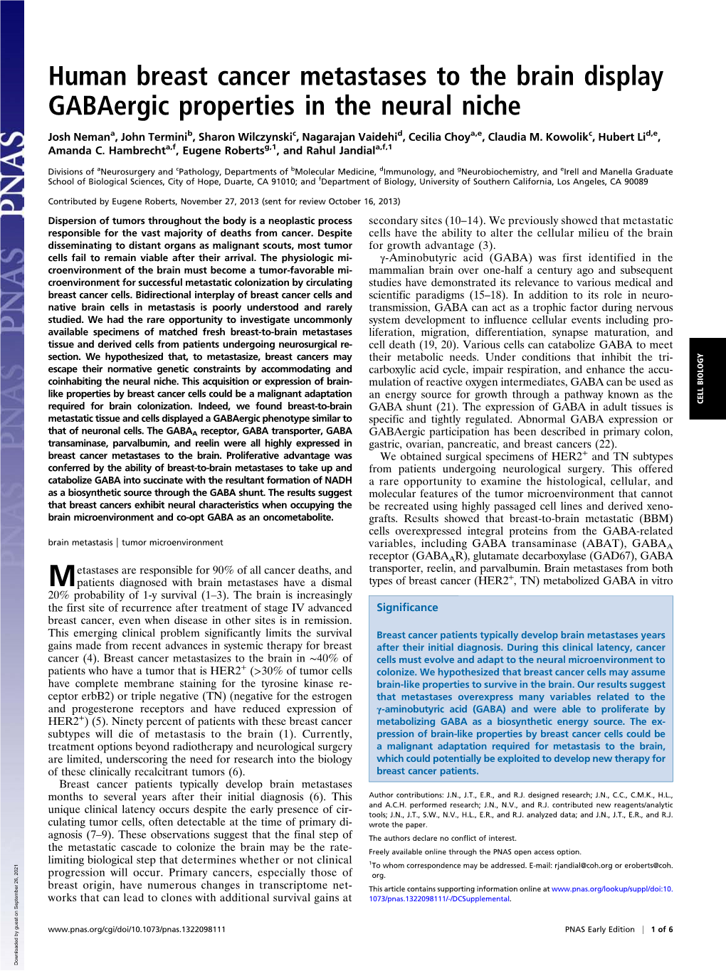 Human Breast Cancer Metastases to the Brain Display Gabaergic Properties in the Neural Niche