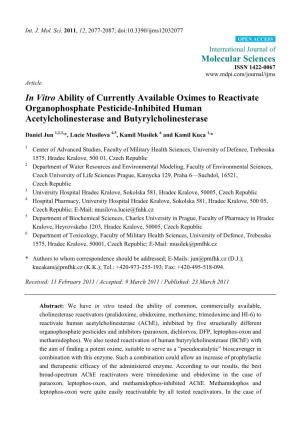 In Vitro Ability of Currently Available Oximes to Reactivate Organophosphate Pesticide-Inhibited Human Acetylcholinesterase and Butyrylcholinesterase