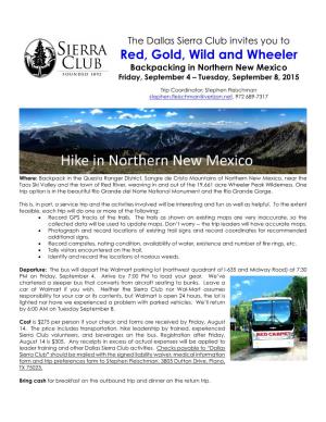 Red, Gold, Wild and Wheeler Backpacking in Northern New Mexico Friday, September 4 – Tuesday, September 8, 2015