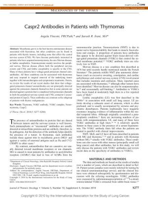 Caspr2 Antibodies in Patients with Thymomas