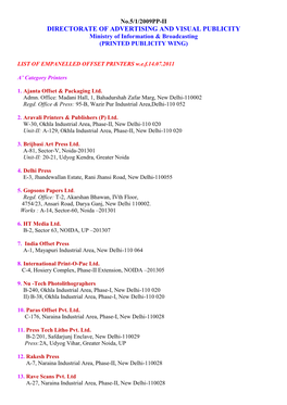 LIST of EMPANELLED OFFSET PRINTERS W.E.F.14.07.2011