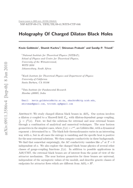 Holography of Charged Dilaton Black Holes Arxiv:0911.3586V4 [Hep-Th] 8