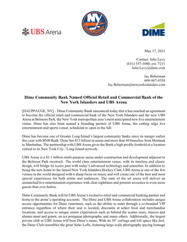 Dime Community Bank Named Official Retail and Commercial Bank of the New York Islanders and UBS Arena